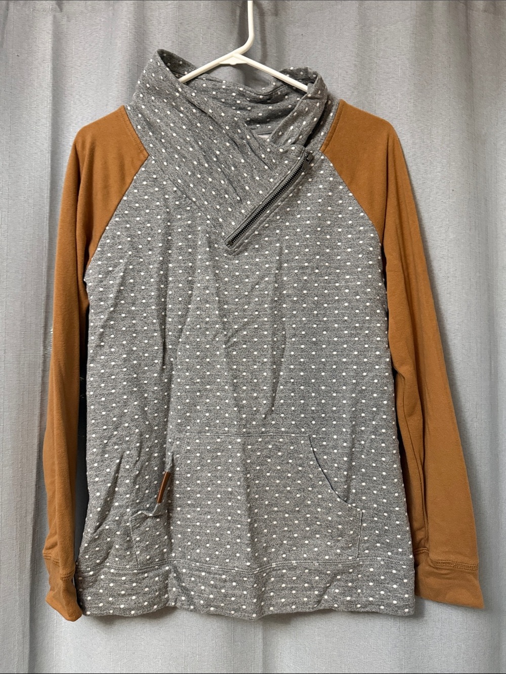 Maurices Gray Polka Dot Zip-Neck Sweater with Tan Raglan Sleeves